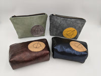 Leather Zipper pouch, cosmetic bag, travel pouch sewn on patches