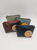 Leather Zipper pouch, cosmetic bag, travel pouch sewn on patches