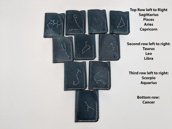 Handmade leather Zodiac sign slim wallet, minimalist card holder